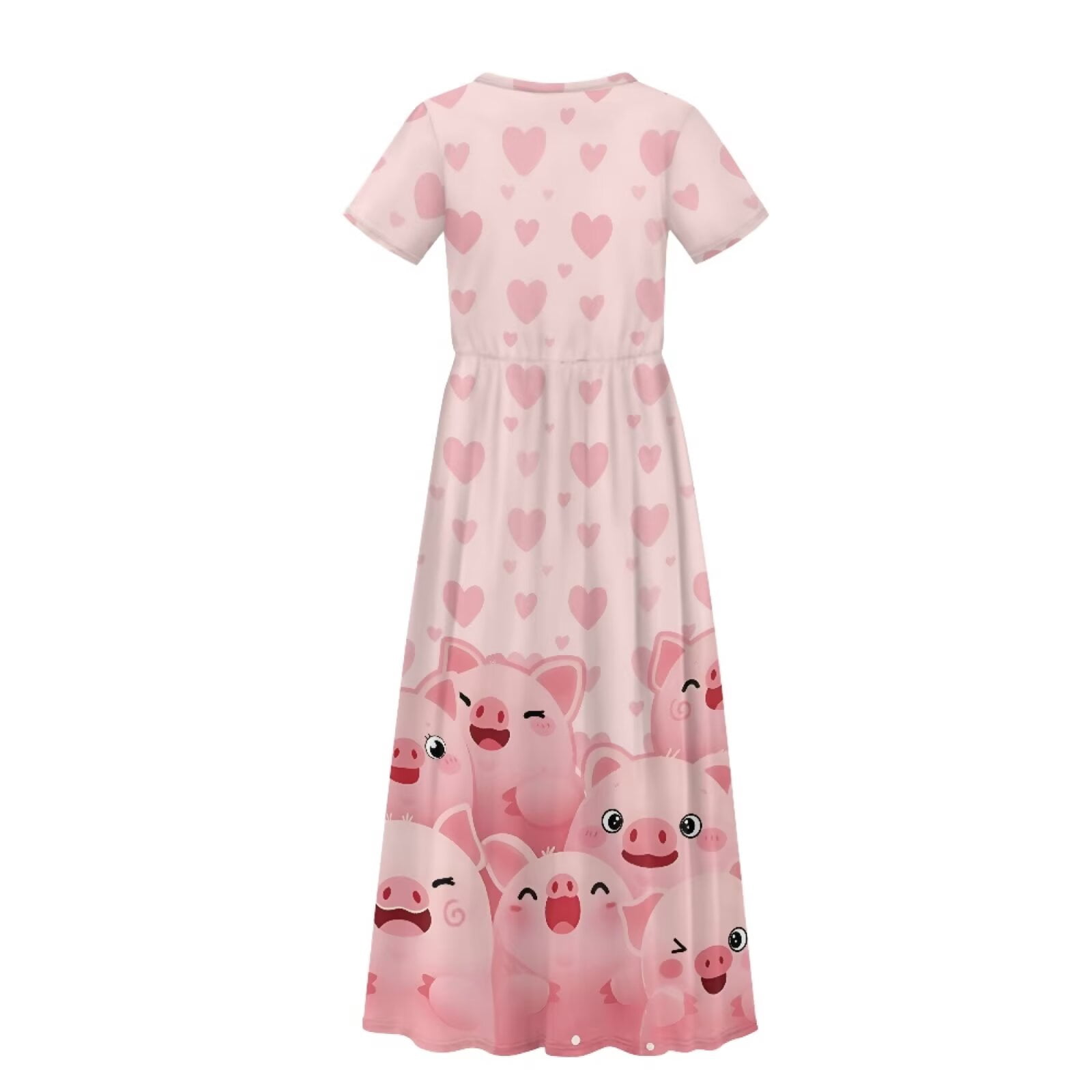 Uourmeti Girl's Short Sleeve Dress Cartoon Pig Hearts Print Round Neck Loose Casual Long Maxi Dress with Pockets Flowy Cute Outfits, Size 5-6 Years