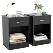 Homfa 2-Tier Nightstand with Drawer & Storage Shelf, Side End Table for Bedroom Living Room Set of 2, Black