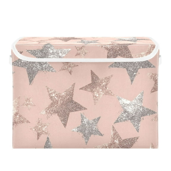 Pink Silver Shining Stars Foldable Storage Bin with Lid and Handle Collapsible Storage Box 16.5 x 12.6 x 11.8 inches