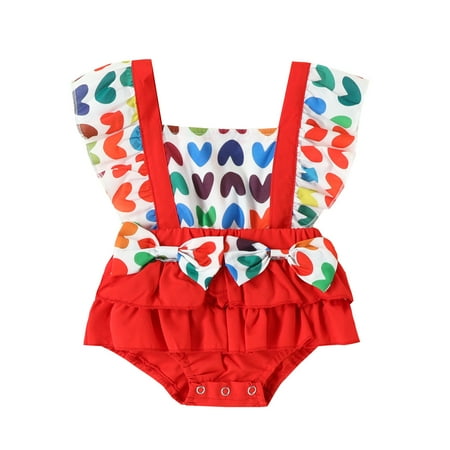 

Thing Leotard Bodysuit for Baby Girls Valentine s Day Fly Sleeve Hearts Prints Romper Ruffles Bowknot Backless Clothes Bodysuit Pajamas for Girls