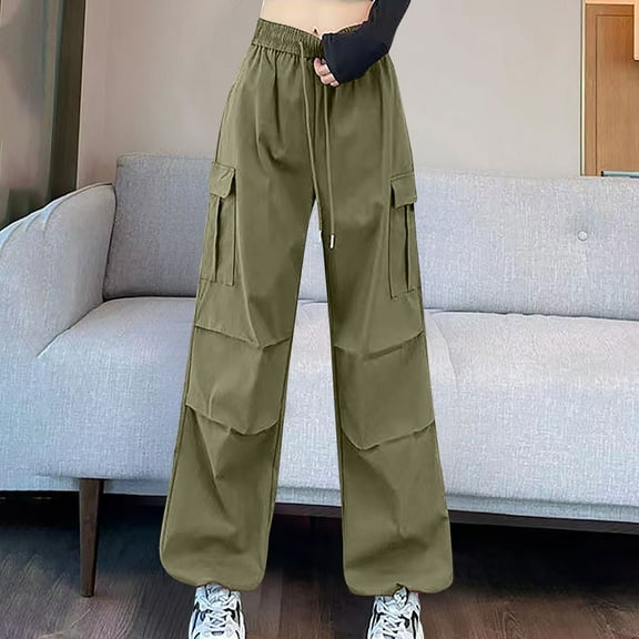 WIZUTIZ Work Pants Women Thin Trendy Relaxed Fit Wide Leg Sweatpants Elastic Spandex High Waist Palazzo Pants Solid Drawstring Cargo Pants with Pockets Beach Pants Activewear Travel Green