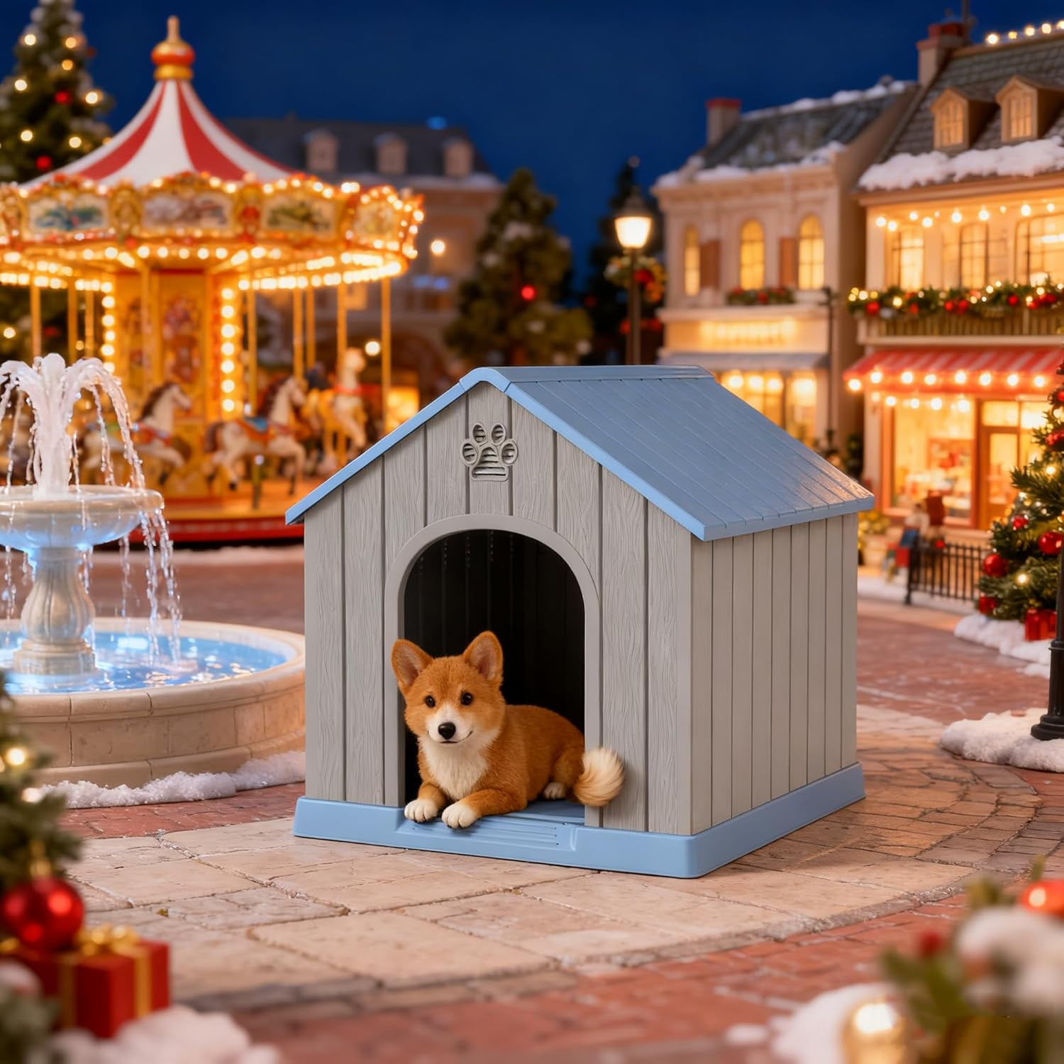 Dog House Outdoor Indoor for Medium Large Dogs, Durable Plastic Waterproof Doghouse with Air Vents and Elevated Floor, Easy Clean and Assemble (Blue, 26.18''L × 24.02''W × 25.98''H)