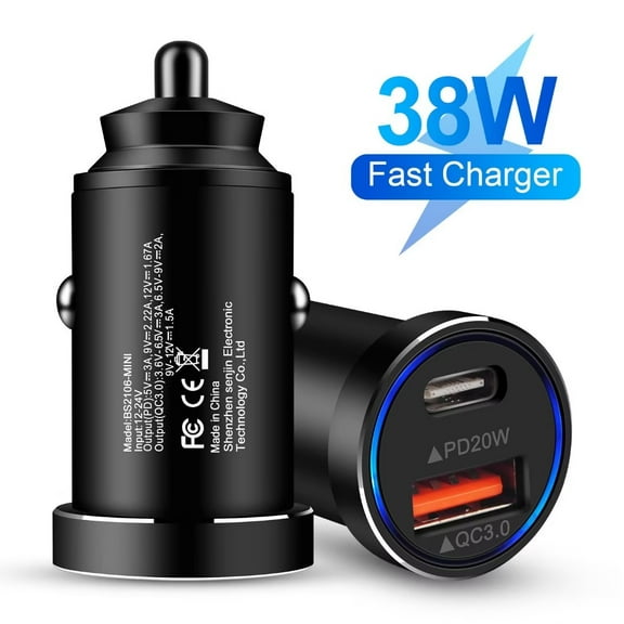 USB C Car Charger,Type C Car Charger Adapter 2Pack FiveBox 38W PD&QC Dual Port Fast Charging Block Cigarette Lighter Adapter Compatible with iPhone 14 13 12, Samsung Galaxy(Black)