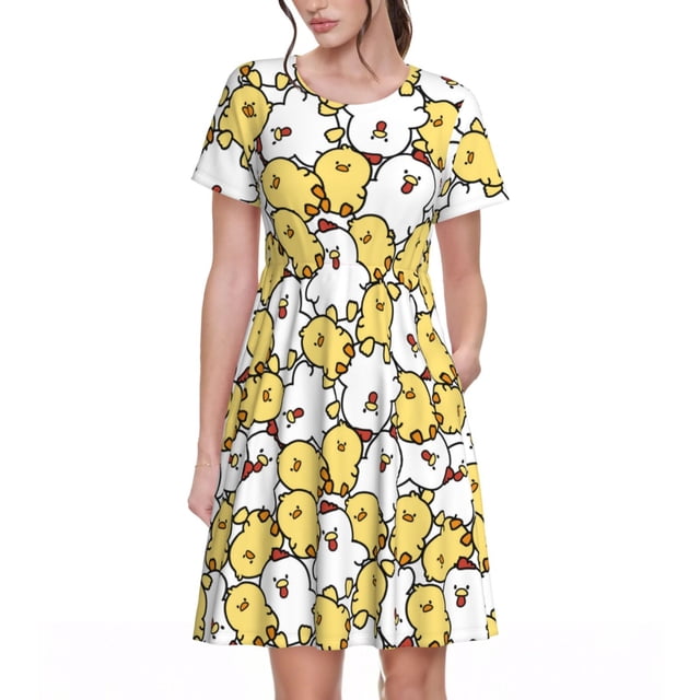Balery Cartoon Chicken Vestidos sueltos de manga corta para mujer, vestidos de verano 2025, vestidos casuales de corte A con vuelo.