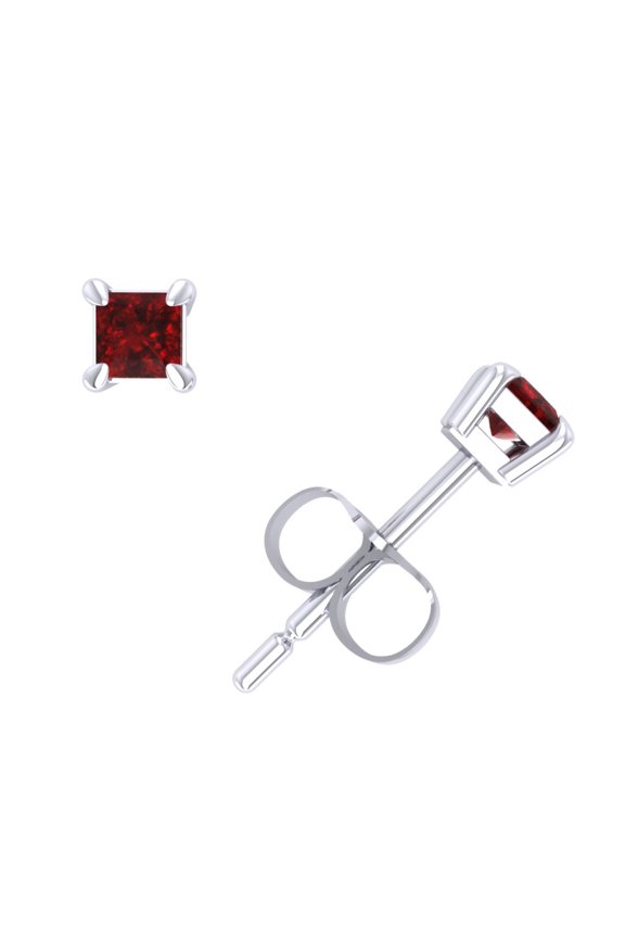 Real 1/3Ctw Princess Cut Ruby Stud Earrings 18k White Gold Prong Push Back AAA Quality