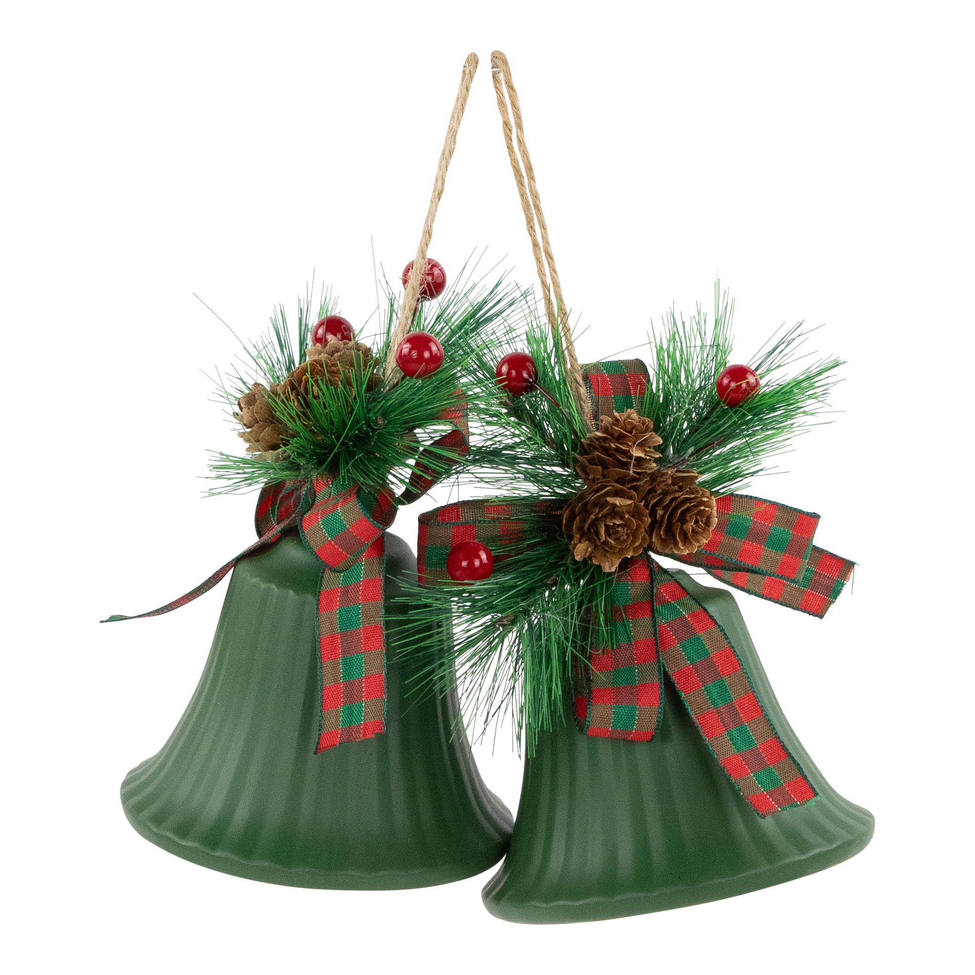 Northlight Christmas Bells with Pinecones and Plaid Bow Ornaments - 7" - Green - Set of 2