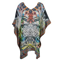 Mogul Womens Short Kaftan Cover Up Colorful Printed V Neckline Georgette Beach Swimwear Dresses Evening Wear Kimono Caftan XL