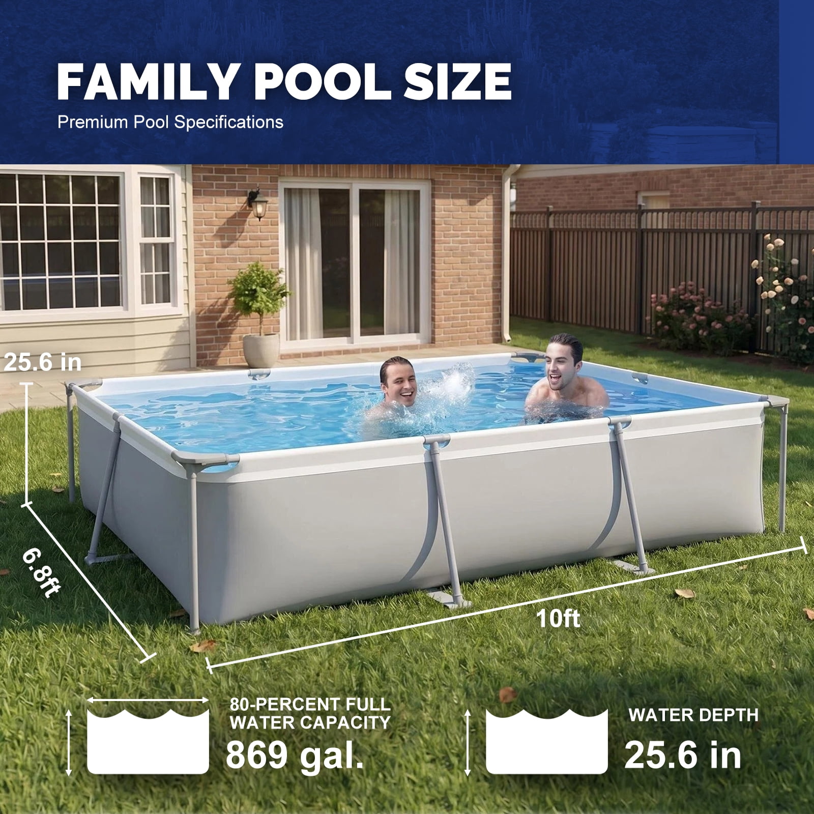 Honeydrill 10ft x 6.8ft x 25.6in Frame Above Ground Pool Set with Filter Pump, Gray