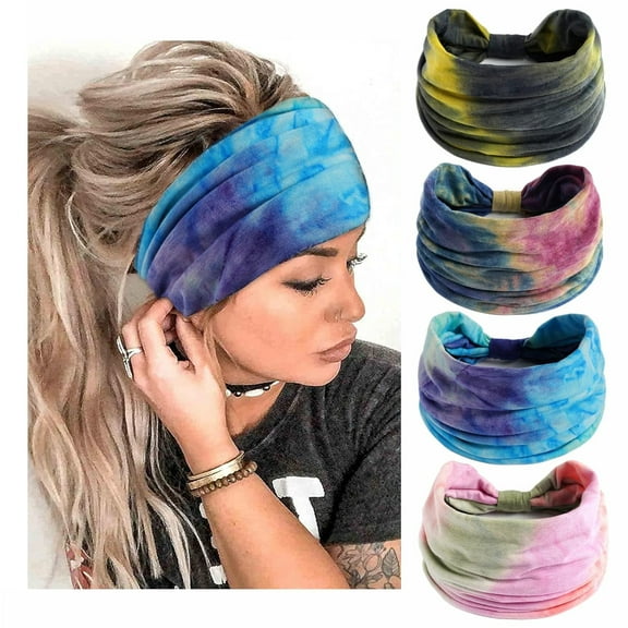 4pcs Elastic Wide Headbands for Women, Fashion Stretch Wide Hair Bands Tie Dye Knotted Turban Head Bands Yoga Running Sweatband