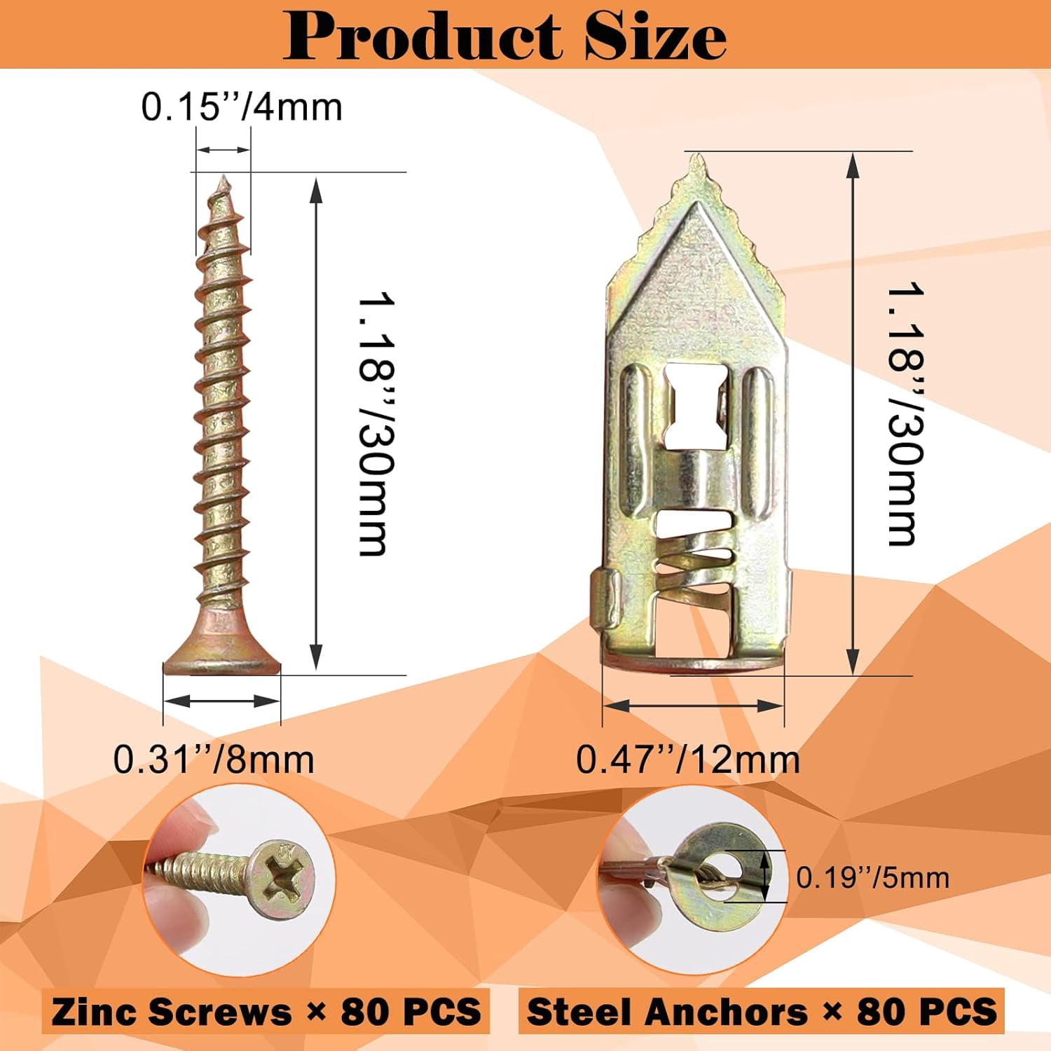 160 Pcs Self Drilling Drywall Anchors with Screws,80 Sheetrock Anchors (0.47x1.18 Inch) & 80 Zinc Expansion Screws,2025 Upgraded Zinc Plated Steel,No Drill Needed,Hold 66LB for Wall Hanging