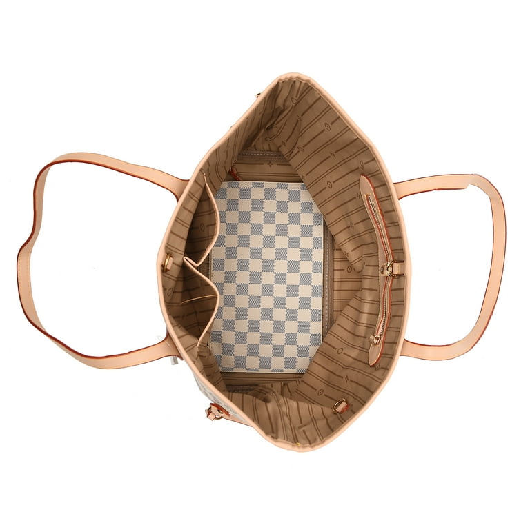 Daisy Rose Checkered Tote Shoulder Bag with Inner Pouch - PU Vegan Brown