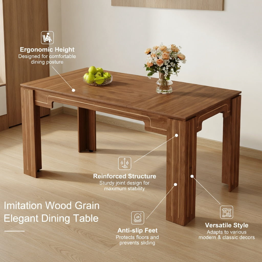 Hommoo MDF Dining Table 71" L x 31.5" W, Modern Grooved-Leg Extendable Table for 6-8 People, Multi-Functional Home & Office Use, Walnut