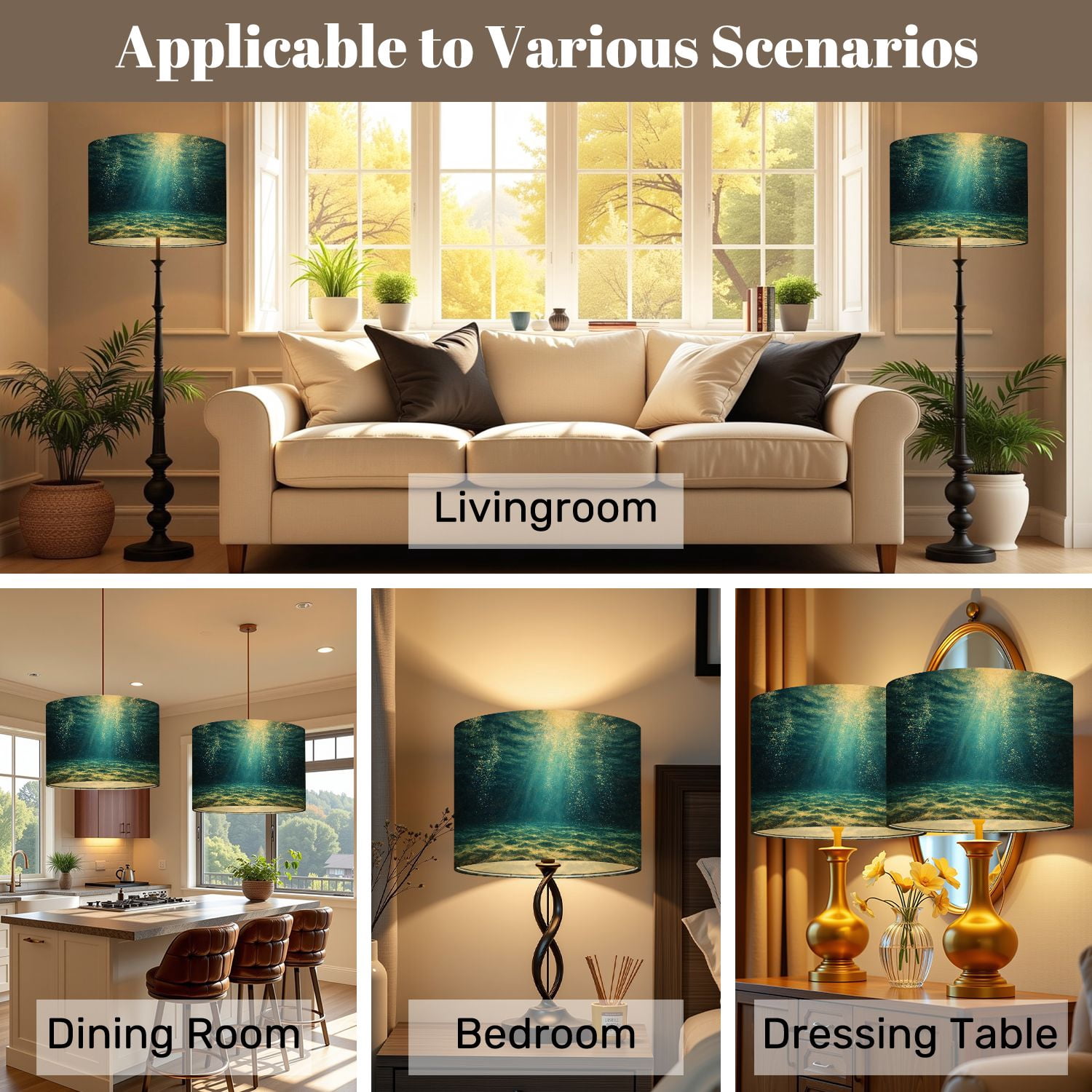 Lampshades 2 Pack Underwater Sea Deep Water Blue Sun light 13"x13"x10" Light Shade for Table Lamps Floor Lamp Shades Lampshade Replacement Easy Assembly