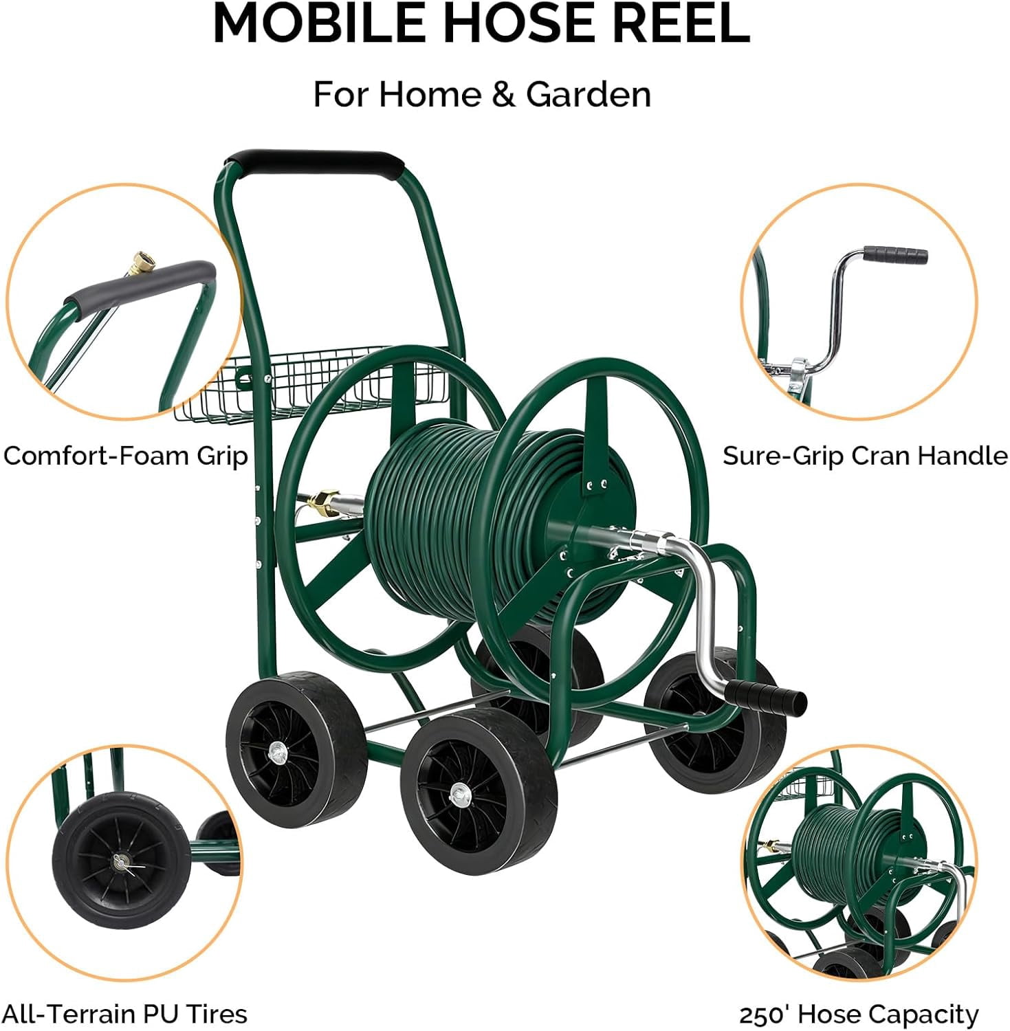 CHTER 4-Wheel Garden Hose Reel Cart with Storage Basket, Portable Residential Hose Reel Cart, Lawn Watering, for Garden Backyard and Farm (Green 250FT)