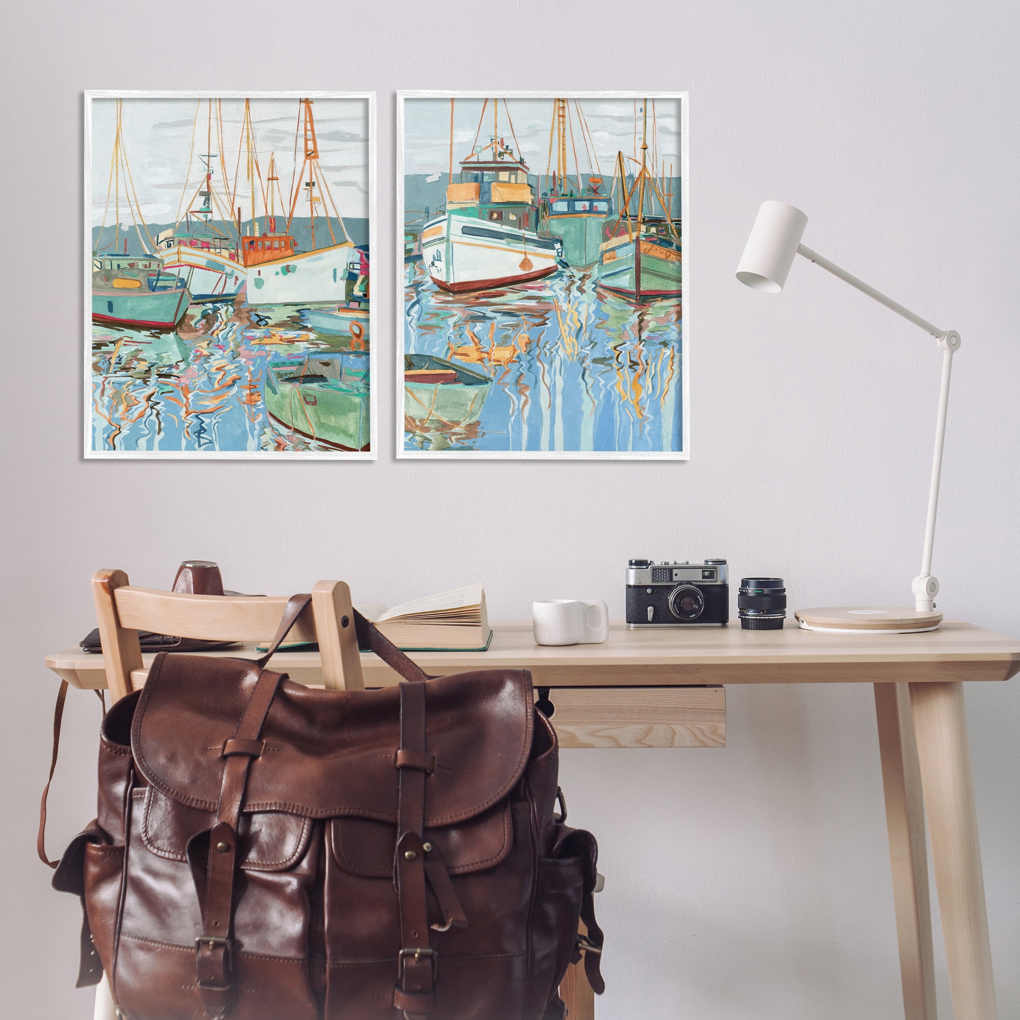 Stupell Industries Marina Ships Reflection Transportation Painting White Framed Art Print Wall Art, 24 x 30, Set of 2