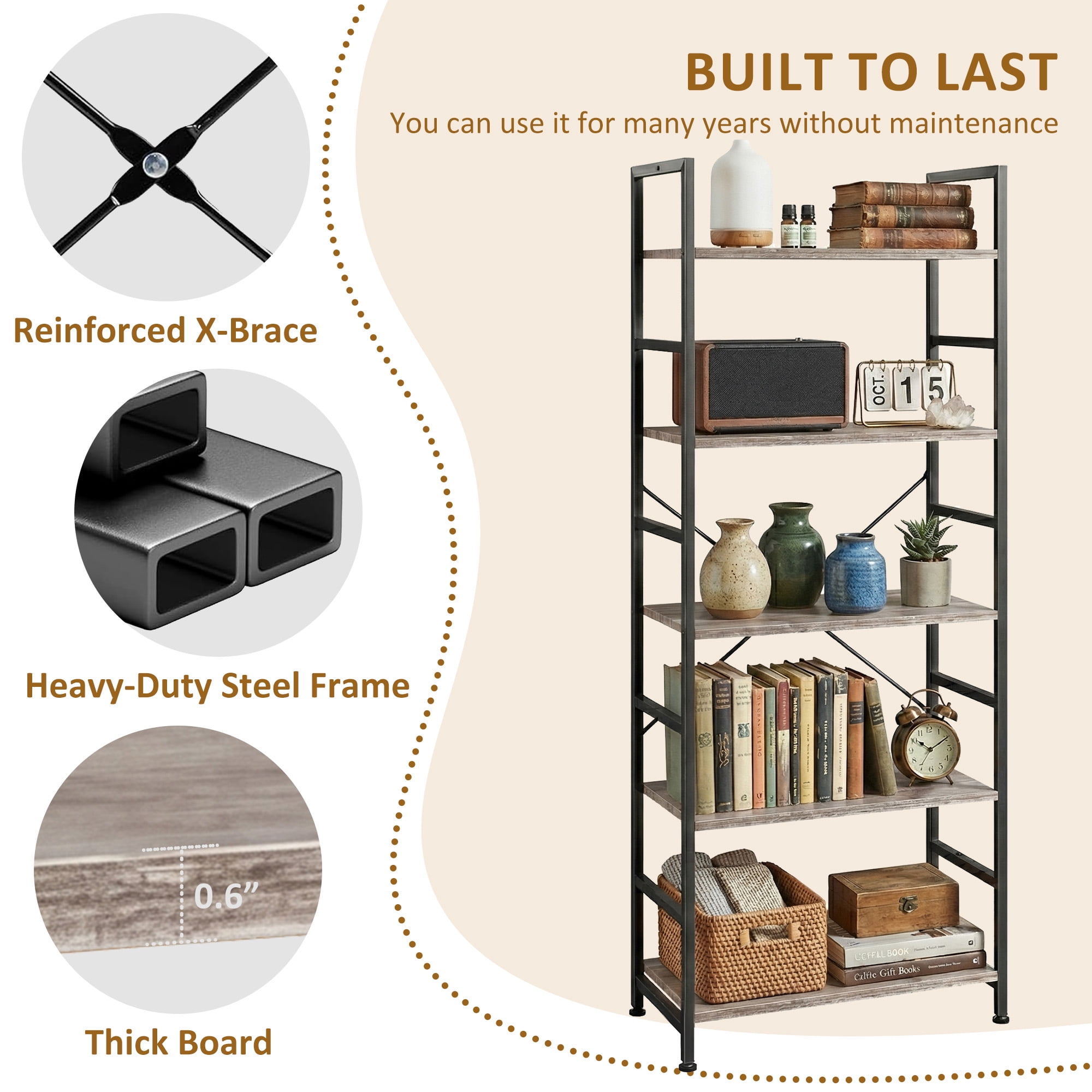 Atilioo 5 Tiers Bookcase, Heavy Durty Bookshelf Storage Organizer, Tall Display Shelves for Bedroom, Living Room, Gray