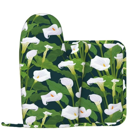 

Calla Lily Flowers Bouquet Oven Mitts and Pot Holders Sets with 1 Non-Slip Left Silicone Oven Mitts and 1 Heatproof Insulated Hot Pads for Kitchen Use in Cooking Baking Grilling