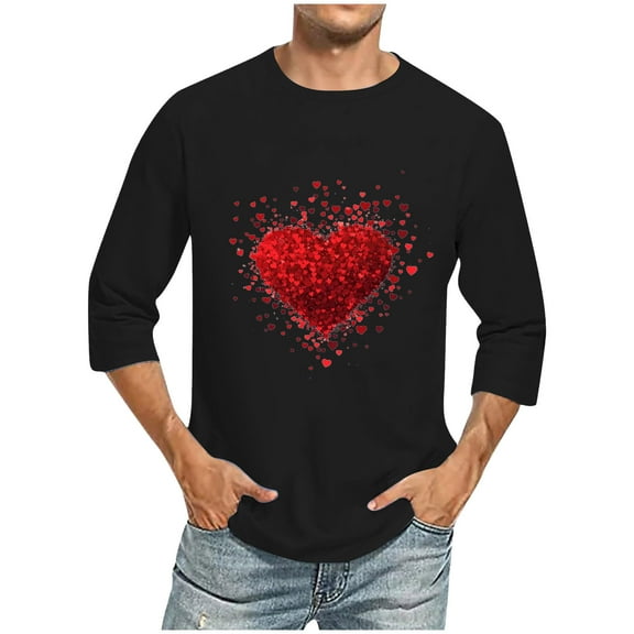 HaoXianJian Heart Shirts for Men ,Men's Casual 3/4 Sleeve Shirts Cute Print Graphic Tees Blouses Hearts Printed Tops Casual Valentines Gifts Plus Size 2X 3X 5X