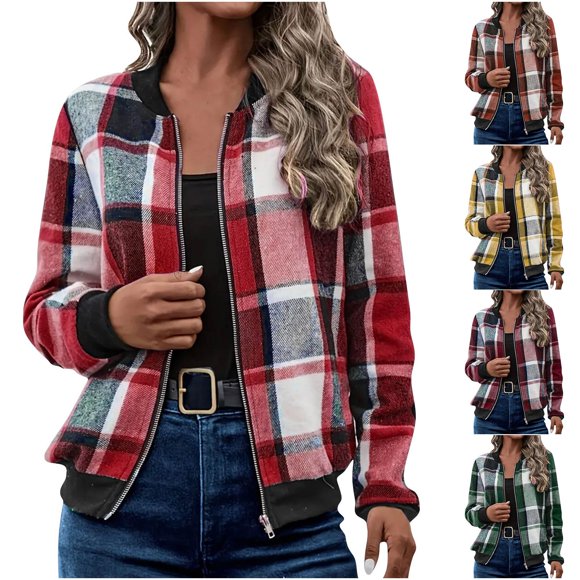 lcziwo Womens Fall Fashion Plaid Long Sleeve Bomber Jacket Lightweight Zip Up Shacket Jacket Varsity Coat Outwear for Teen Girl Clothes Green L, Winter Savings