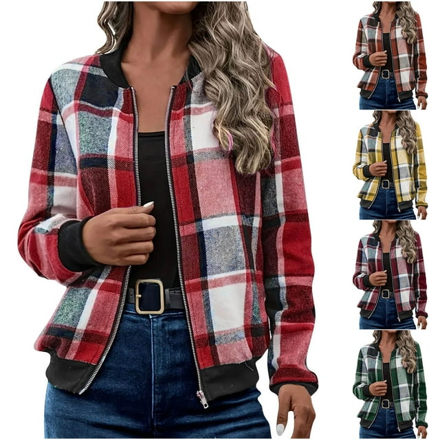 YOIAVAIOY Womens Zip Up Motorcycle Jackets Plaid Bomber Jacket Lightweight Fall Fashion Coats with Pocket Yellow S