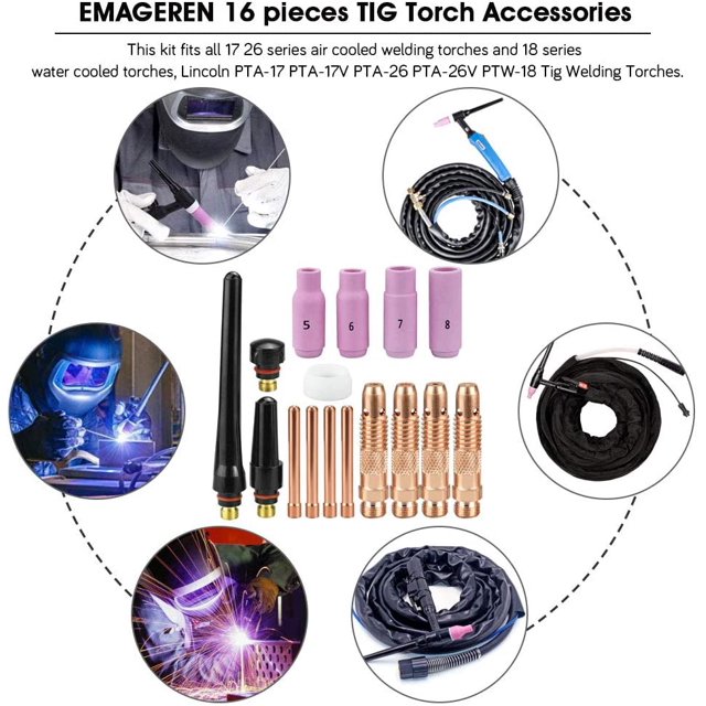 Kit de 16 piezas Abrazadera TIG Tapa de boquilla de cerámica Antorcha de soldadura TIG Lente de gas Abrazadera TIG Tapas traseras del cuerpo Accesorio de soldadura TIG para WP - 17/18/26 Antorcha de soldadura TIG ShuxiuWang 8390612950520