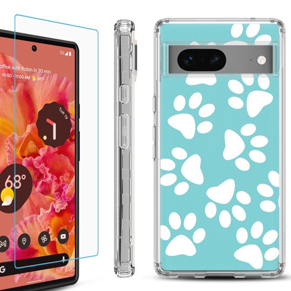 Shockproof Bumper Phone Case for Google Pixel 7, with Tempered Glass Screen Protector, by OneToughShield ® - Pet Paw / Teal