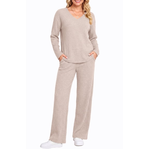 UVN Outfit Sets for Women Two Piece Sets Winter Casual Long Sleeve Tops and Long Pants Lounge Sets Ribbed Knit Pajama Sets with Pockets