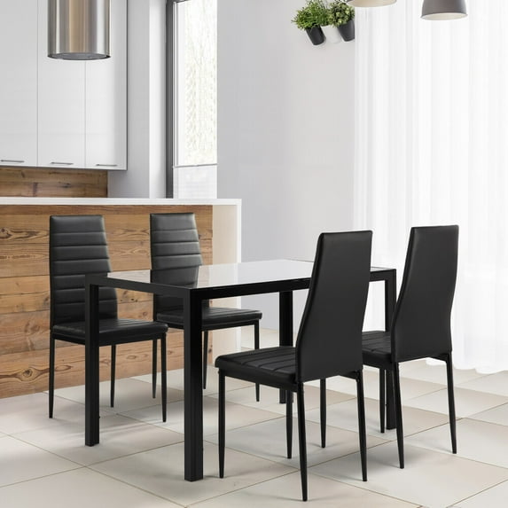 Xahpower 4 Person Kitchen Dining Table Set,a Rectangle Tempered Glass Table and four Faux Leather Chairs,Black
