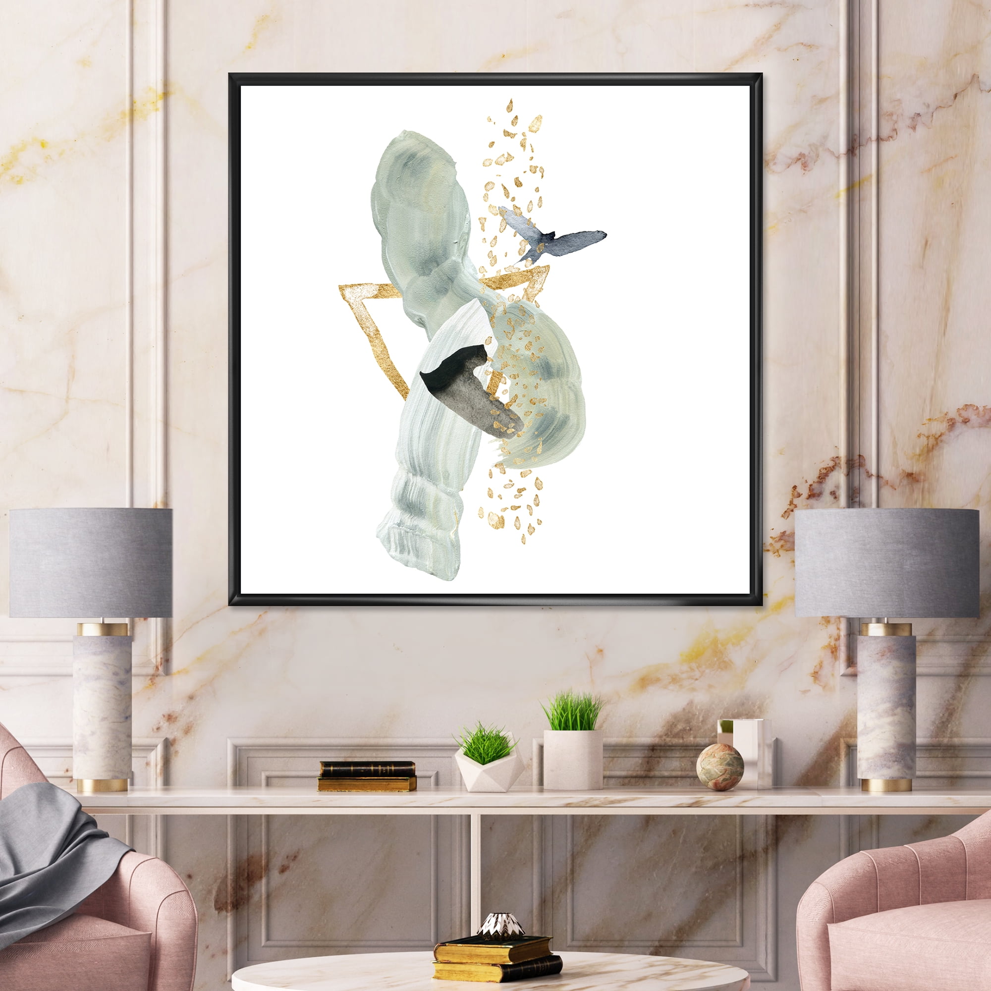 Designart 'Abstract Golden Mountain With Bird and Moon' Modern Framed Canvas Wall Art Print
