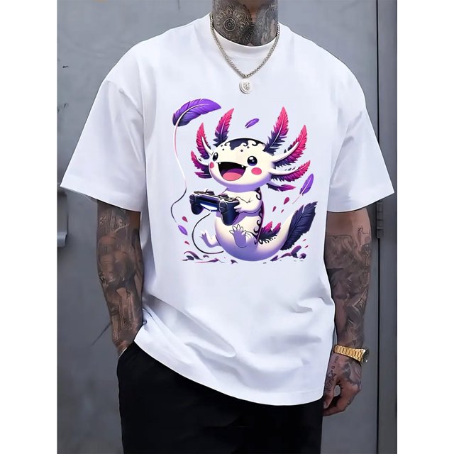 Men's Casual Graphic T-Shirt with Cute Axolotl Gaming Design – Black Short Sleeve Crewneck, Soft Cotton Blend, Perfect for Summer Vacations and Casual Attire, Vacation Clothing | Whimsical Design | A