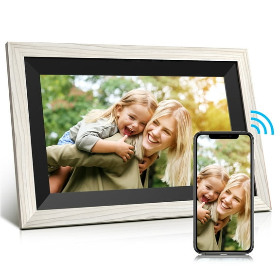 JEEMAK 10.1 Inch Smart Digital Picture Frame, WiFi Digital Photo Frame IPS Touch Screen with 16GB Storage, White Wood Grain, Auto Rotate, Share Photos or Videos via Free Frameo APP