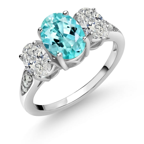 Gem Stone King 10K White Gold Blue Apatite, White Lab Grown Diamond Engagement Ring for Women | 2.04 Cttw | Oval 8X6MM | Gemstone Birthstone | Size 7