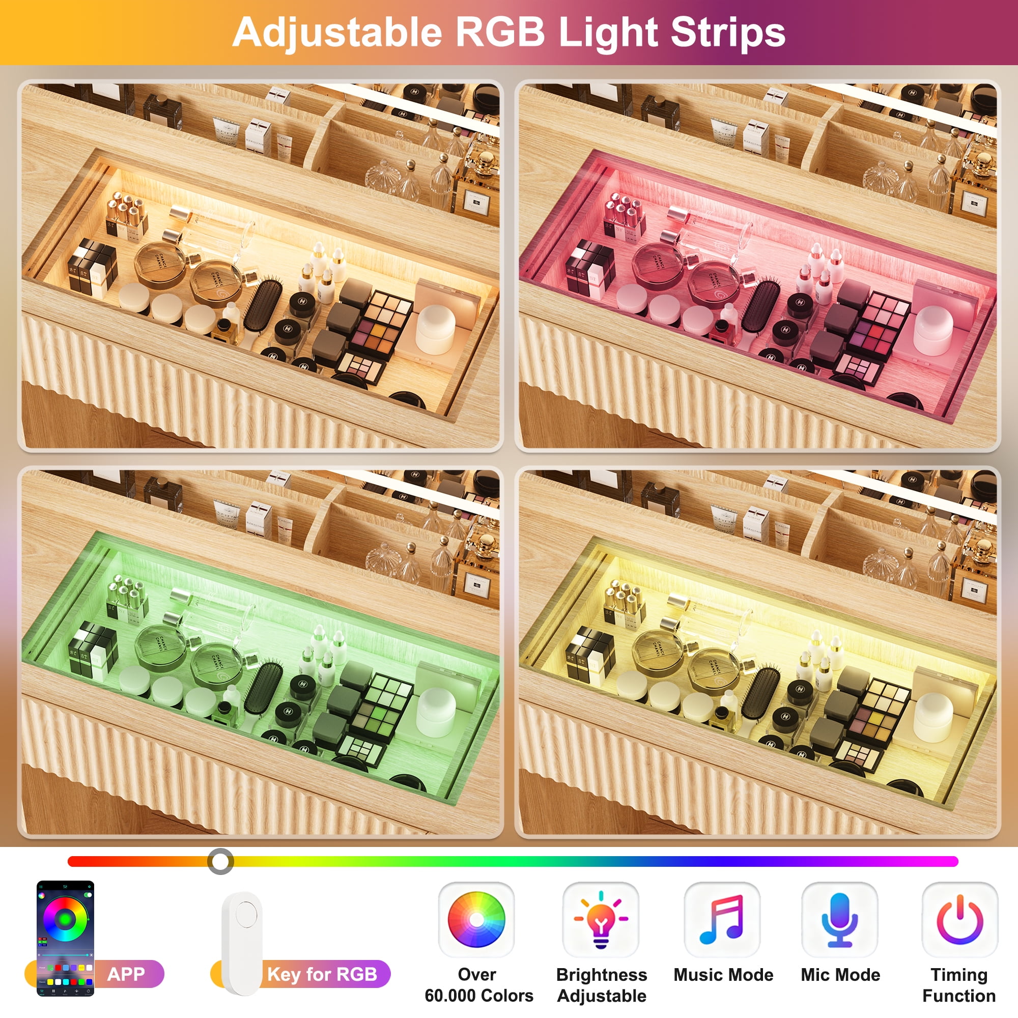44" Vanity Desk with Mirror and Lights, Glass Top with RGB Lighting Makeup Table with Fluted Storage Drawer, Cabinet,3 LED Lights Modes, Power Outlet for Bedroom