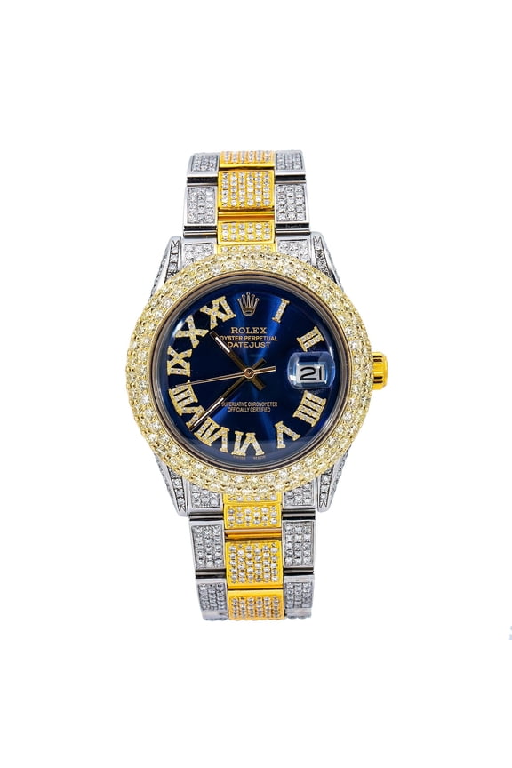 Pre-Owned Rolex Datejust 36MM 1601 Blue Roman Diamond Dial Diamond Bezel Two Tone Yellow Gold Full Diamond Oyster Bracelet