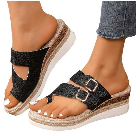THDHVS Womens Wedge Sandals,Wedge Sandals for Women,Slip Dressy Summer Comfortable Slides Sandals Lightweight Shoes Black 7.5