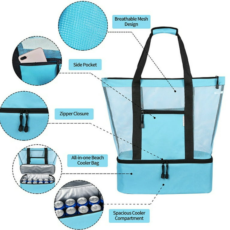 Yuanbang Mesh Tote Beach Bag - Cooler Bags Insulated for Travel, Zipper Top High Capacity Beach Pool Bag(#08), Girl's, Size: Large, Blue