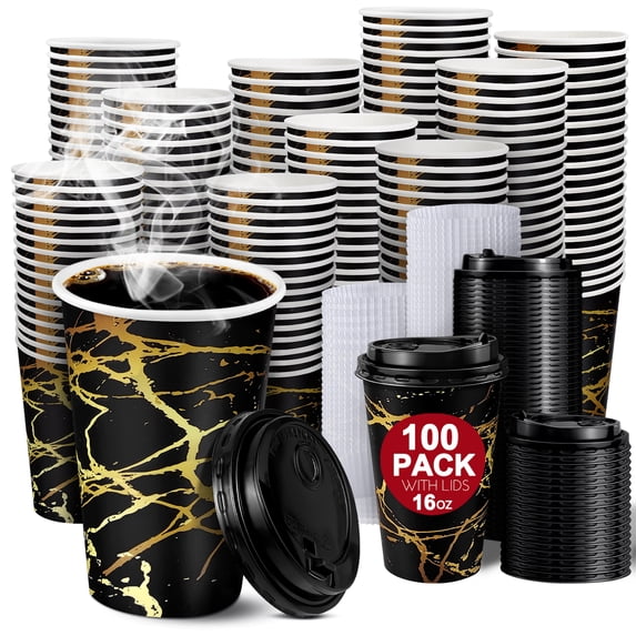 KPX 100 Pack 16 oz Coffee Cups, Disposable Coffee Cups with Lids and Sleeves To Go Coffee Cups Reusable for Hot & Cold Drinks