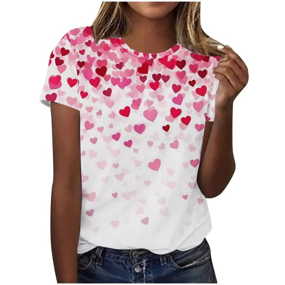 FAWUUDO Valentines Gift for Her Womens Short Sleeve Round Neck T Shirt Casual Sweet Printed Tee Romantic Graphic Holiday Wear Multicolor 4XL