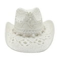 thumbnail image 4 of Yuanlong Hats Men & Women Plain White Bead Strap Hollow Woven Straw Cowboy Hat For Summer Stylish Adjustable Beach Headwear, 4 of 7