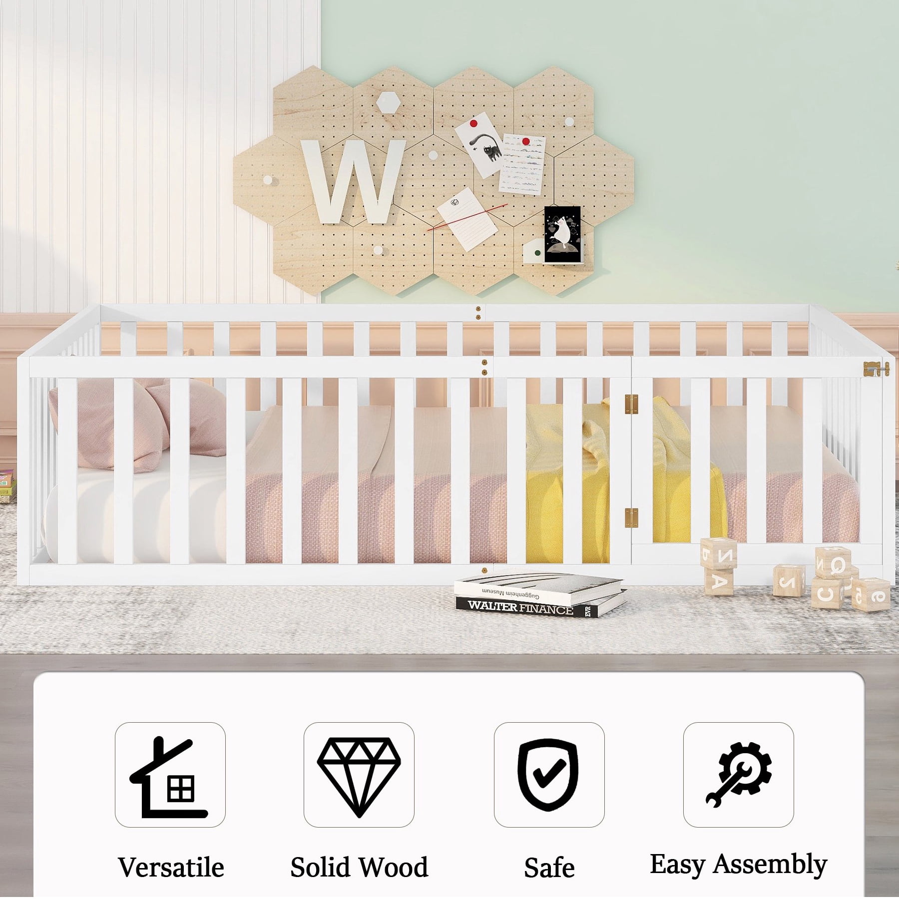 Gewnee Twin Size Montessori Bed for Toddler, Wood Floor Bed Frame with Fence and Door, White