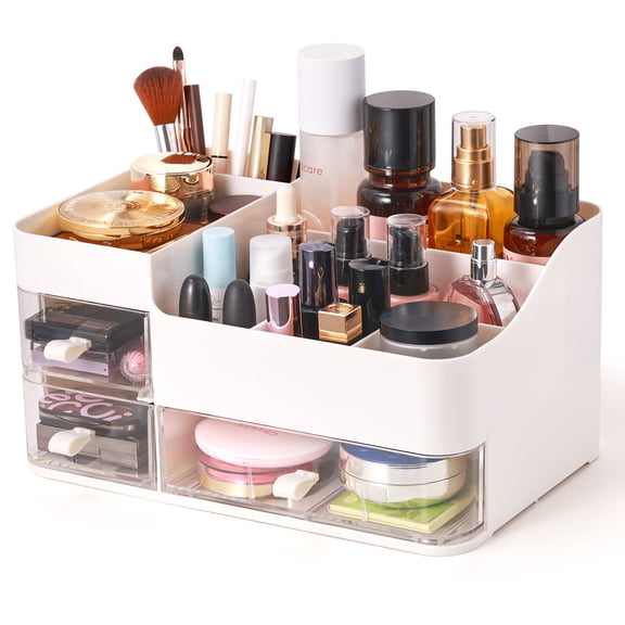 Livhil Makeup Organizer And Storage, Makeup Organizer Countertop, White Makeup Organizer with 3 Drawers