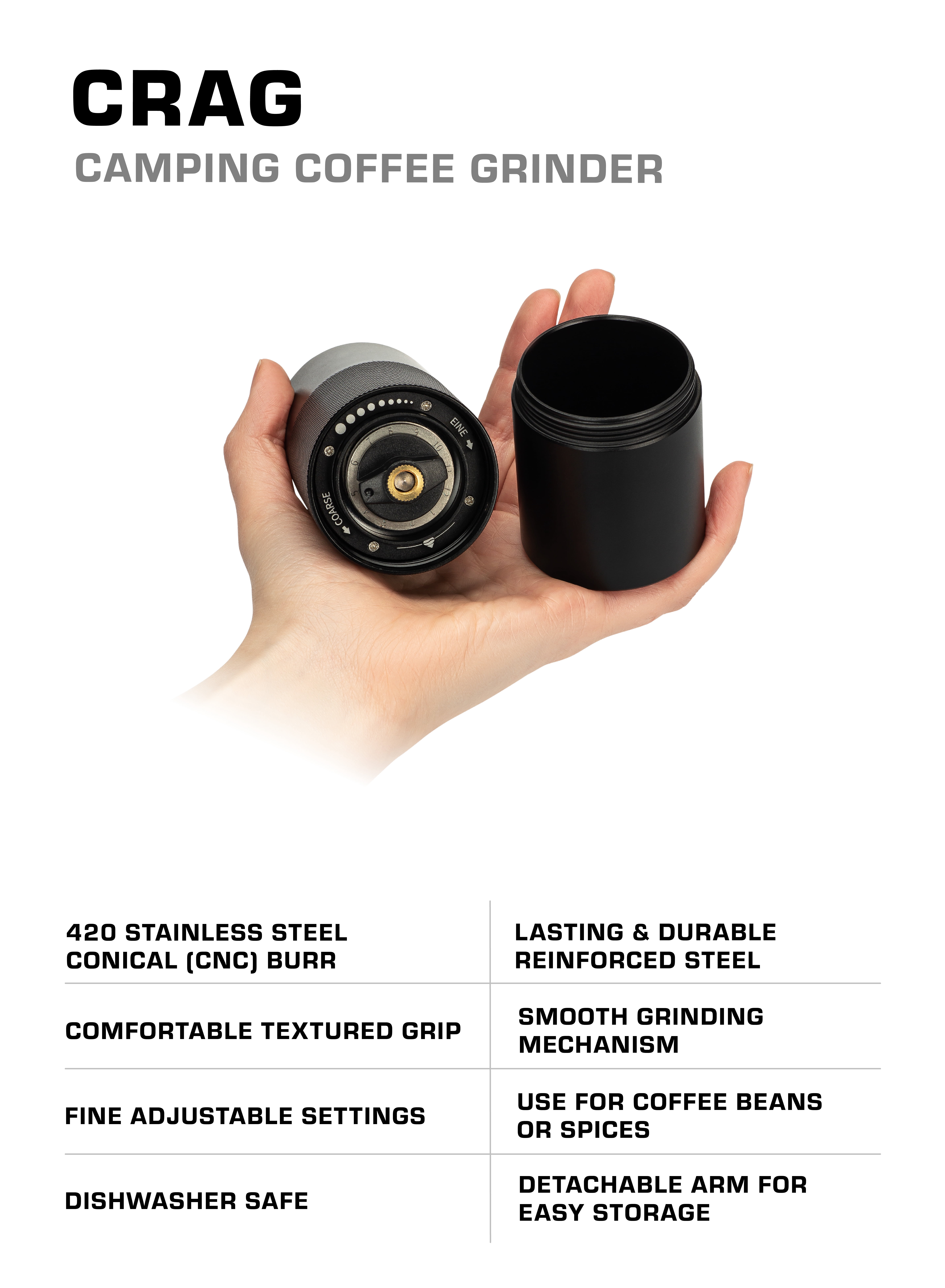 COLETTI Crag Hand Coffee Grinder — CNC Manual Coffee Grinder — Camping Coffee Grinder, Manual Burr Coffee Grinder, Coffee Hand Grinder – Travel Coffee Grinder for Camping, Hiking & Adventure