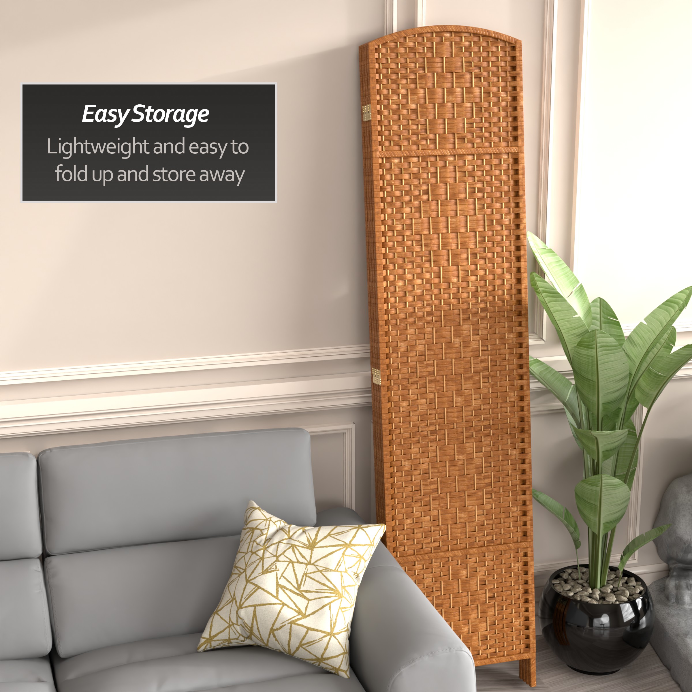 7 ft. Tall Rattan Fiber Diamond Weave Privacy Screen Room Divider - Dark Beige - 4 Panels