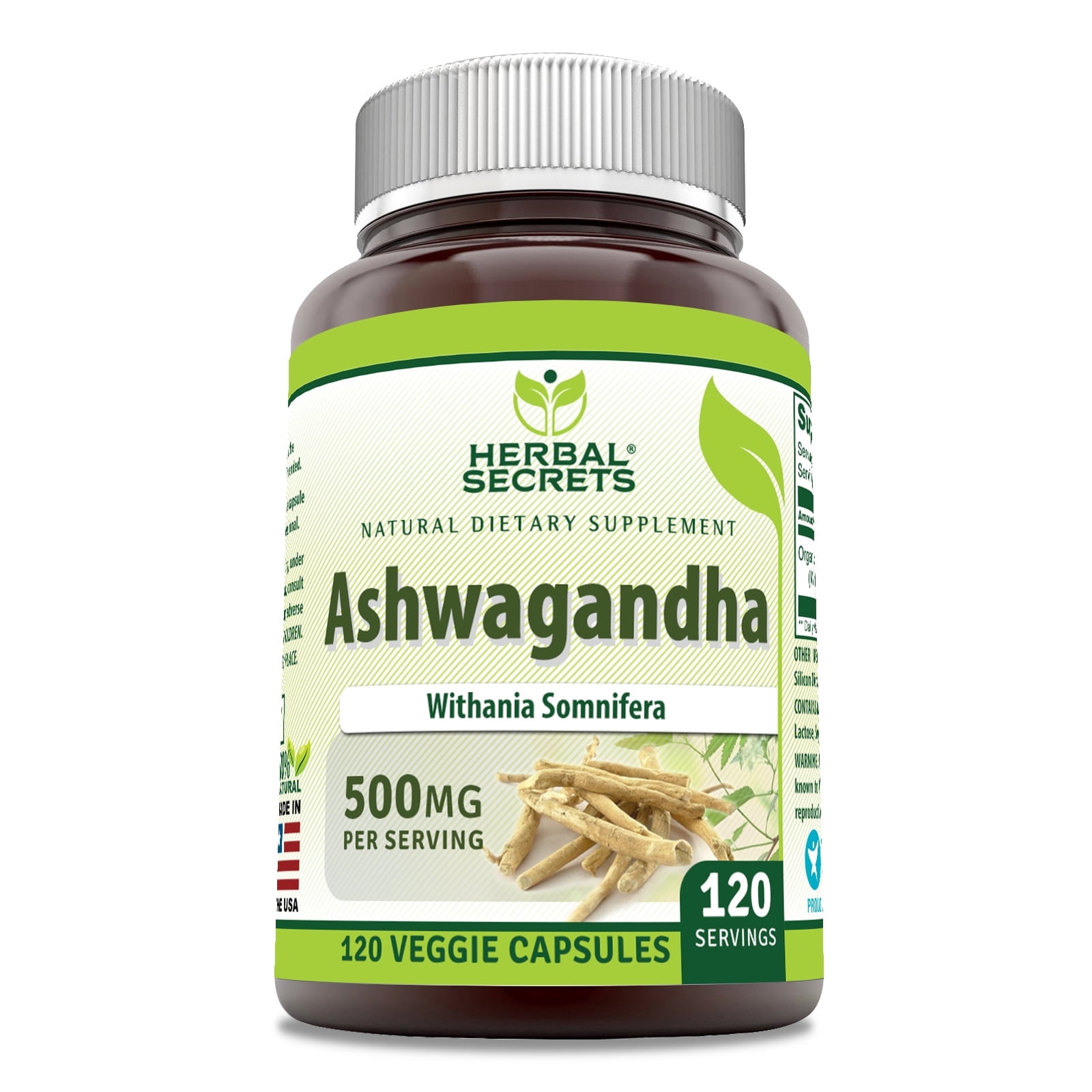 Herbal Secrets Ashwagandha 500 Mg Per Serving 120 Veggie Capsules Supplement | Non-GMO | Gluten Free | Made in USA | Suitable for Vegetarians