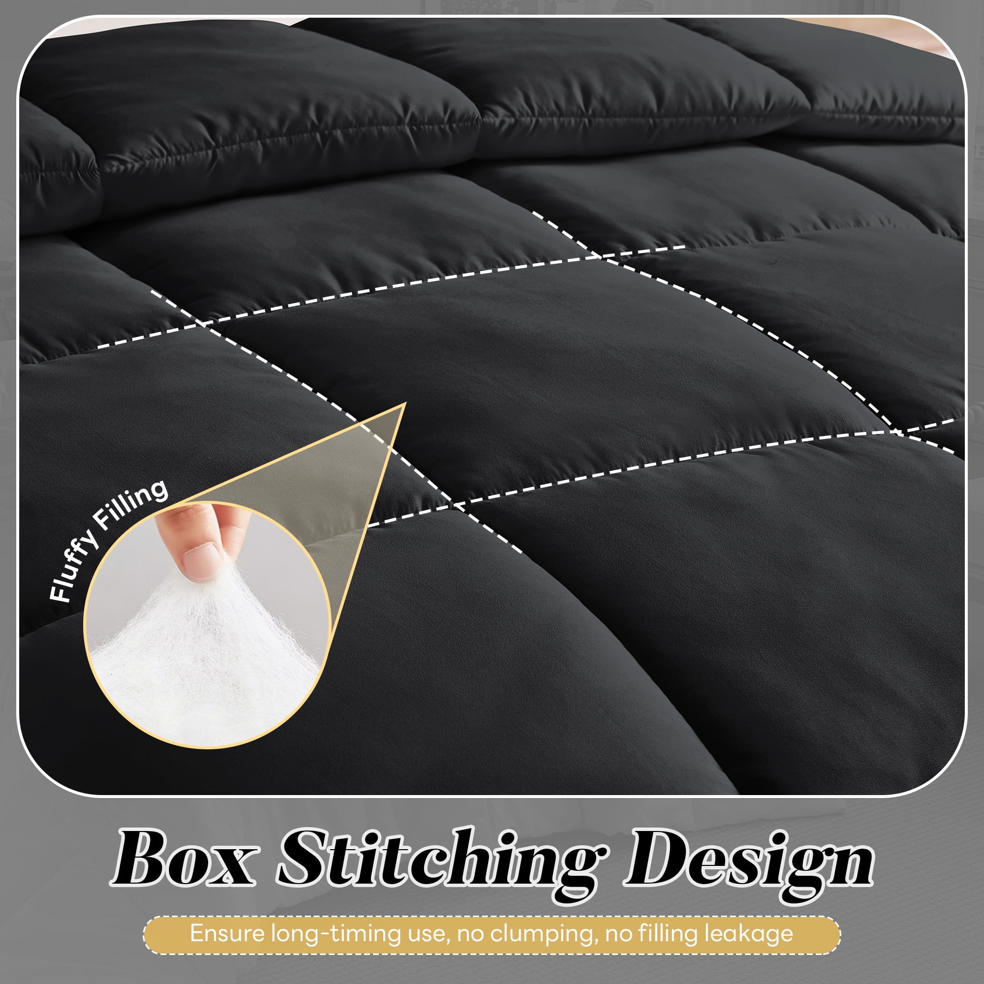 Aquzin Comforter Full Size, All Season Quilted Down Alternative Duvet Insert with Corner Tabs, Machine Washable Microfiber Bedding, Black