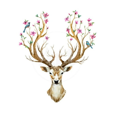 Birds On A Branch Watercolor Illustration Isolated Deer, Big Antlers, Flowers and Birds on the Horns, Branches Cherry Print Wall Art By Anastasia Zenina-Lembrik ()