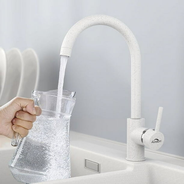 Grifo de cocina con caño alto, mezclador monomando para fregadero, giratorio 360°, grifo mezclador de cocina de agua fría y caliente de latón con aireador extraíble, forma de U, blanco