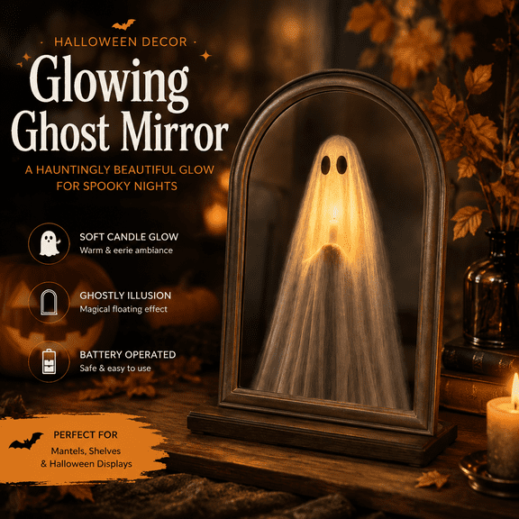 Halloween Ghost Mirror,13.8in Halloween Glowing Ghost Mirror with Holographic Floating Phantom and Vintage Arched Frame for Tabletop Mantel Shelf Decor Haunted House Party or Autumn Holiday Displays