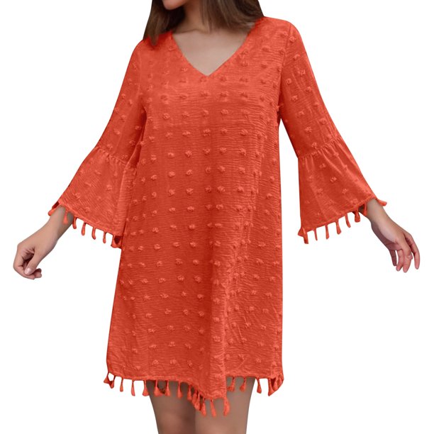 Vestido mini de verano de gasa con cuello en V y manga corta para mujer - Vestido informal ligero y fluido para mujer - S-XXL