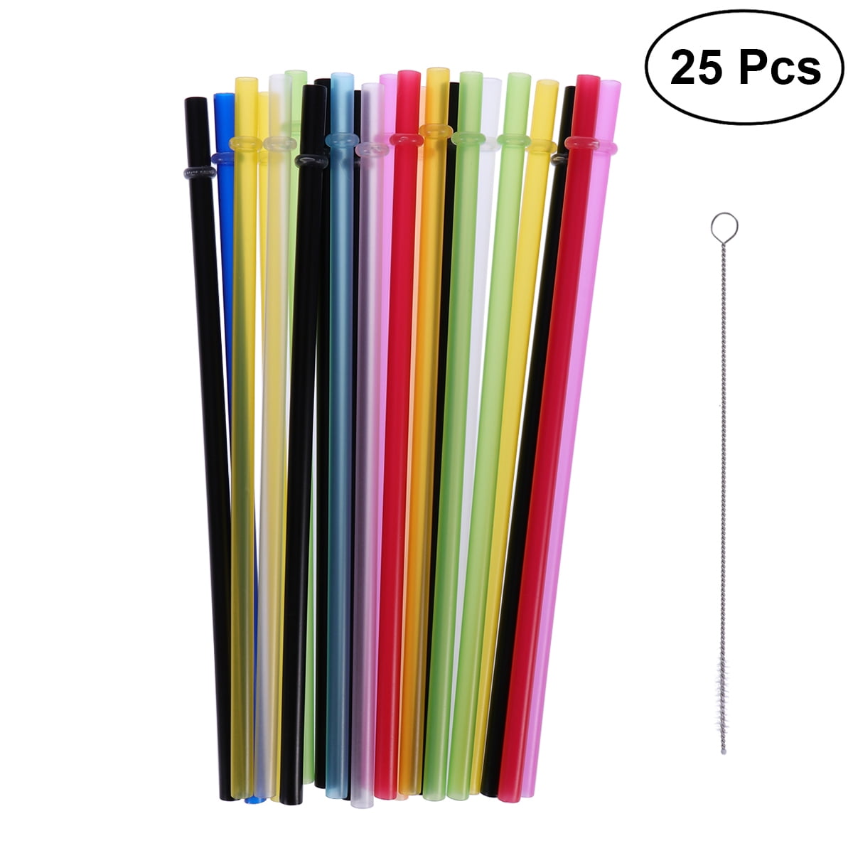 Plastic Straws 25 Brushes with Rings Solid Color Straw Reusable Plastic Thick Drinking Straws Mason Jar Straws for Party or Home Use - Size 23cm (